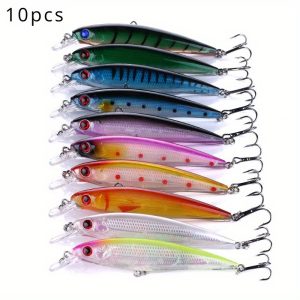 10 Pcs Hard Fishing Lures Set, ABS Material, Minnow Crankbaits with Sharp Metal Hooks, Long Casting Artificial Baits for Freshwater and Saltwater Fishing