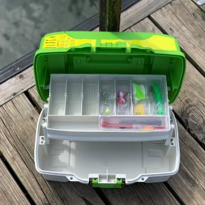 Multi-Compartment Fishing Tackle Box, Lets Fish 1 Tray Kit with Handle, Portable Utility Storage Organizer, Outdoor Sports Accessory Case, Adjustable Dividers, Green & Beige